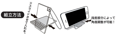 組み立て方法　スライドさせて入れる。段差部分によって角度調整が可能！